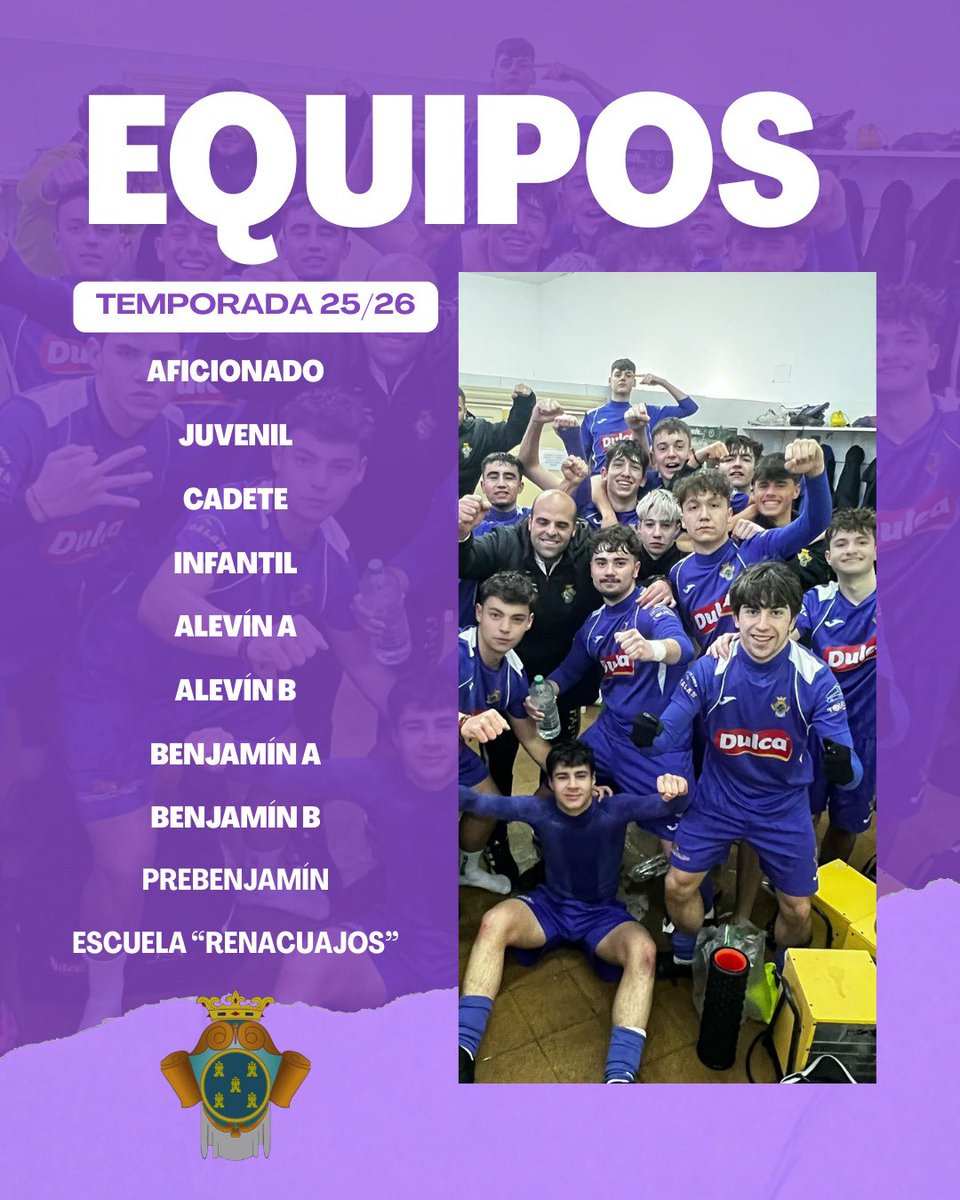 🟪 Arrancamos con fuerza la temporada 25/26 🟪

📋 Estos son los equipos que defenderán nuestros colores este año:
⚽ Aficionado
⚽ Juvenil
⚽ Cadete
⚽ Infantil
⚽ Alevín A y B
⚽ Benjamín A y B
⚽ Prebenjamín
⚽ Escuela “Renacuajos”