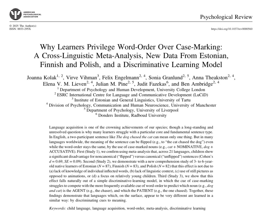 Our new paper is out - a massive team effort and few years of data collection and analyses, to finally be able to present this meta-analysis + cross-linguistic experimental study + corpus study + discriminative learning model :)