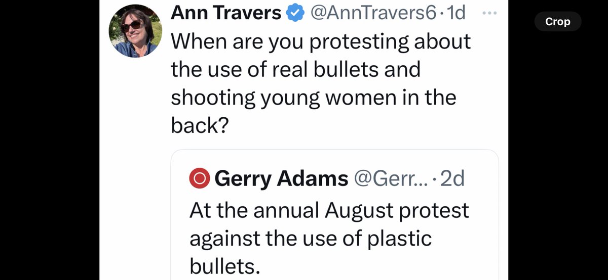 Squinter (@squinteratn) on Twitter photo Morning <a href="/AnnTravers6/">Ann Travers</a>
The plastic bullet fired at my sister Julie was ‘real’ enough to kill her.
My sister’s death is as ‘real’ to me as the bullet that killed her and her loss is as ‘real’ to me as your sister’s is to you.
Thank you. Morning <a href="/AnnTravers6/">Ann Travers</a>
The plastic bullet fired at my sister Julie was ‘real’ enough to kill her.
My sister’s death is as ‘real’ to me as the bullet that killed her and her loss is as ‘real’ to me as your sister’s is to you.
Thank you.