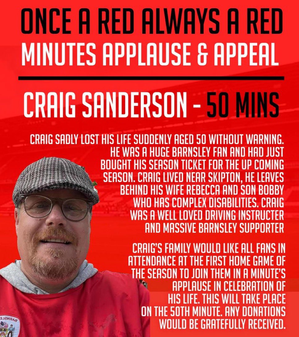Adam Oxley (@adam3oxley) on Twitter photo Set to be an emotional day at Oakwell, with requests for two applauses remembering two big Reds fans.
50th minute - Craig Sanderson
71st minute - <a href="/AlSmith_tykemad/">Alan Smith</a>
Thought it was worth sharing for anyone attending who wasnβt aware of one/both.
#BarnsleyFC | <a href="/footballheaven/">Football Heaven</a> Set to be an emotional day at Oakwell, with requests for two applauses remembering two big Reds fans.
50th minute - Craig Sanderson
71st minute - <a href="/AlSmith_tykemad/">Alan Smith</a>
Thought it was worth sharing for anyone attending who wasnβt aware of one/both.
#BarnsleyFC | <a href="/footballheaven/">Football Heaven</a>
