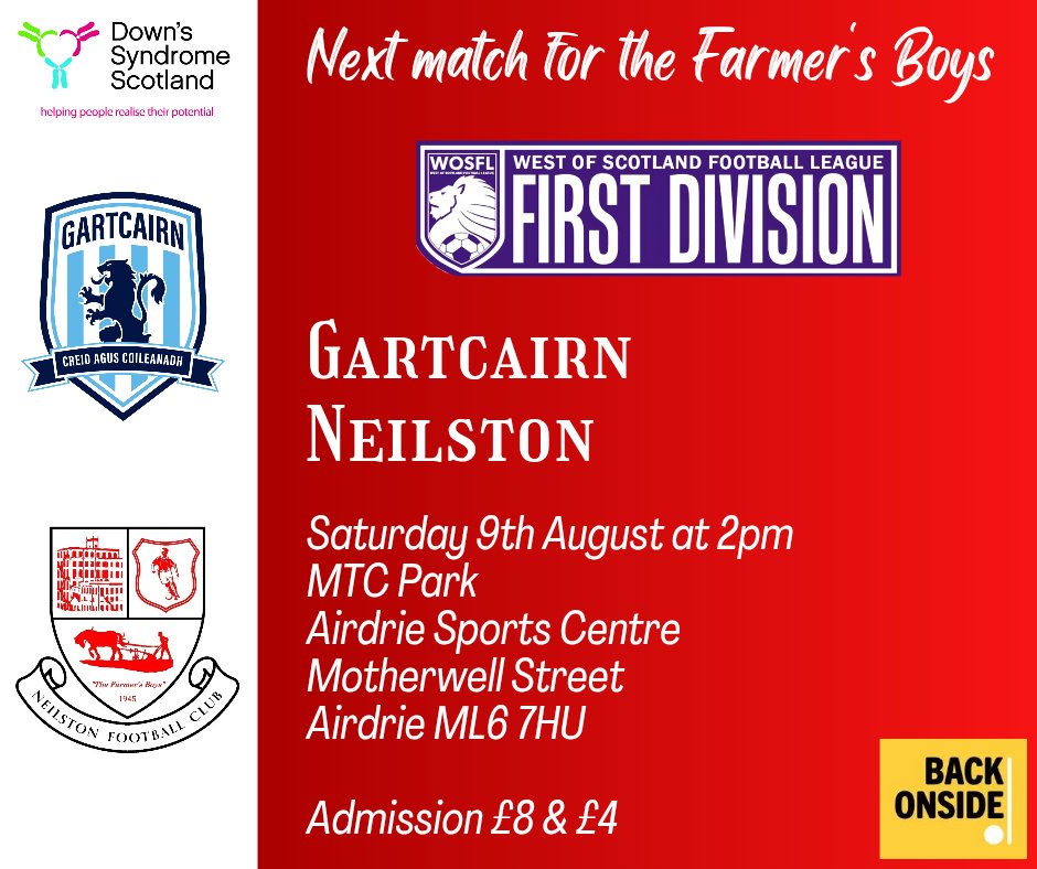⚽️ Match Day 4 ⚽️

🆚 <a href="/gartcairnfc/">Gartcairn FC</a> 
🏆 <a href="/OfficialWoSFL/">West of Scotland Football League 🏴󠁧󠁢󠁳󠁣󠁴󠁿</a> 1st Division 
🏟 MTC PARK, Airdrie Sports centre 
📅 Saturday 9nd August 
🕑 2PM
🎟️£8/£4

Get along and support the Farmersboys 🚜⚪️🔴