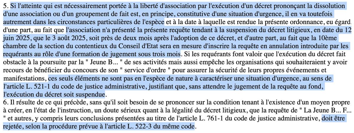 N_Hervieu's tweet photo. Dissolution administrative : En référé, le @Conseil_Etat rejette le recours de « La Jeune Garde » contre sa dissolution.

Faute d'urgence.

La présomption d'urgence est renversée, car référé initié 2 mois après la dissolution &amp; le @Conseil_Etat va statuer au fond sous 3 mois. https://t.co/XHNwDdRmFM