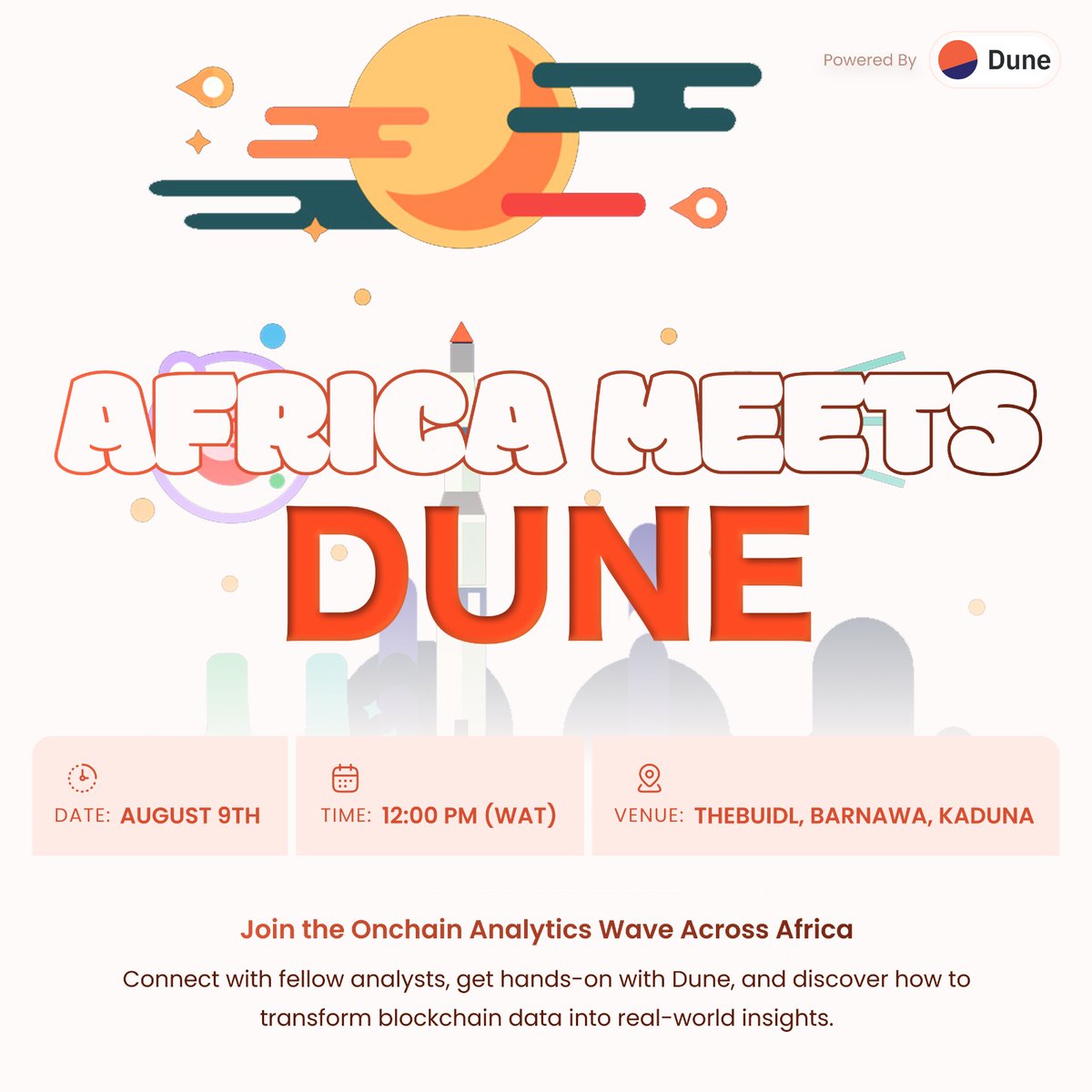 Dune_Africa's tweet image. 🚀 Today’s the day!

@Dune Africa Meetup is here — live at @the_buidl , Kaduna.

Come with curiosity. Leave with clarity.
Africa’s Web3 data future starts today.

🗓 Saturday, Aug 9 | ⏰ 12PM WAT | 📍 The Buidl, Barnawa
#DuneAfrica #Web3Data #OnchainAnalytics