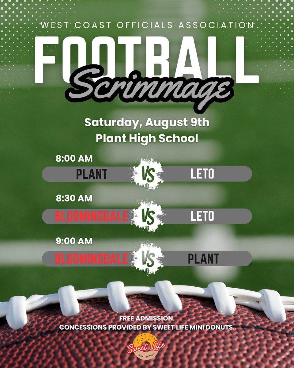 🚨 GAMEDAY SCRIMMAGE 🚨
The Leto Falcons &amp; Bloomingdale Bulls are headed to Plant for the WCOA Scrimmage!  No better way to break camp!  Our boys have been grinding all offseason for today &amp; it’s time to SHOW IT! 
#exceed #alwaysalink <a href="/plantpanthersfb/">Plant Panthers Football</a> <a href="/LetoFalconsFB/">Leto Falcons Football</a>