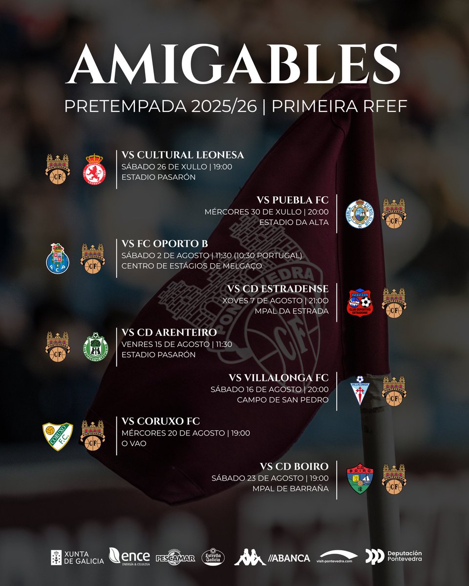 ℹ️ O partido en Pasarón ante o <a href="/CD_Arenteiro/">CD Arenteiro</a> cambia de data 👇👇

📆 𝑽𝑬𝑵𝑹𝑬𝑺 𝟏𝟓 ; 𝟏𝟏:𝟑𝟎

Así quedaría o calendario completo de amigables de pretempada definitivo ✍️

#𝐆𝐑𝐀𝐍𝐀𝐓𝐄®️♥️