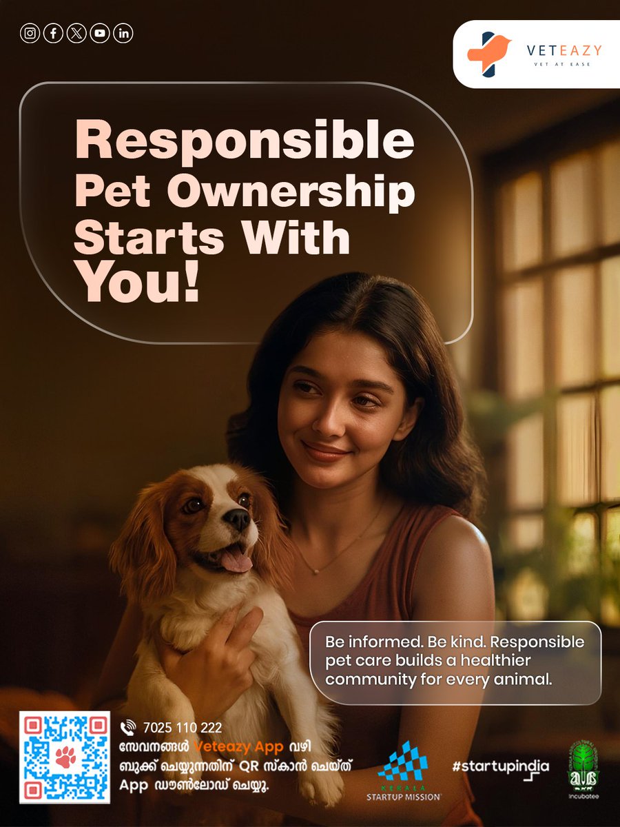 veteazy_'s tweet image. Responsible Pet Ownership Starts With YOU!
 🐶 Be kind. Be informed. Be a Veteazy Pet Parent.
Healthy pets = Happy communities! 🐕🐈
📲 Call/WhatsApp: 7025 110 222
📥 Get the Veteazy App: veteazy.com
🌱 Powered by Kerala Startup Mission
#Veteazy #PetCare #LovePets