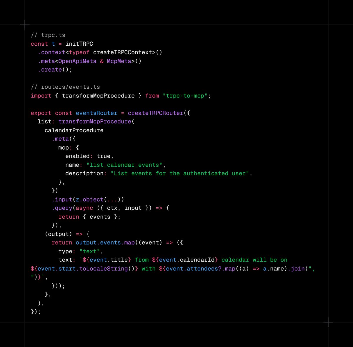 sanzhar (@iboughtbed) on Twitter photo You can now transform the outputs of your <a href="/trpcio/">tRPC.io ๐งโโ๏ธ</a> trpc-to-mcp procedures with a helper function that allows you to create human-language output for LLMs for better context.
Just import it from "trpc-to-mcp@latest" You can now transform the outputs of your <a href="/trpcio/">tRPC.io ๐งโโ๏ธ</a> trpc-to-mcp procedures with a helper function that allows you to create human-language output for LLMs for better context.
Just import it from "trpc-to-mcp@latest"