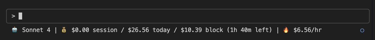 kuromame_buchi's tweet image. Claude Code /statuslineにccusageを早速設定！
これはいいですね〜

```settings.json
&quot;statusLine&quot;: {
&quot;type&quot;: &quot;command&quot;,
&quot;command&quot;: &quot;npx ccusage@latest statusline&quot;
}
```