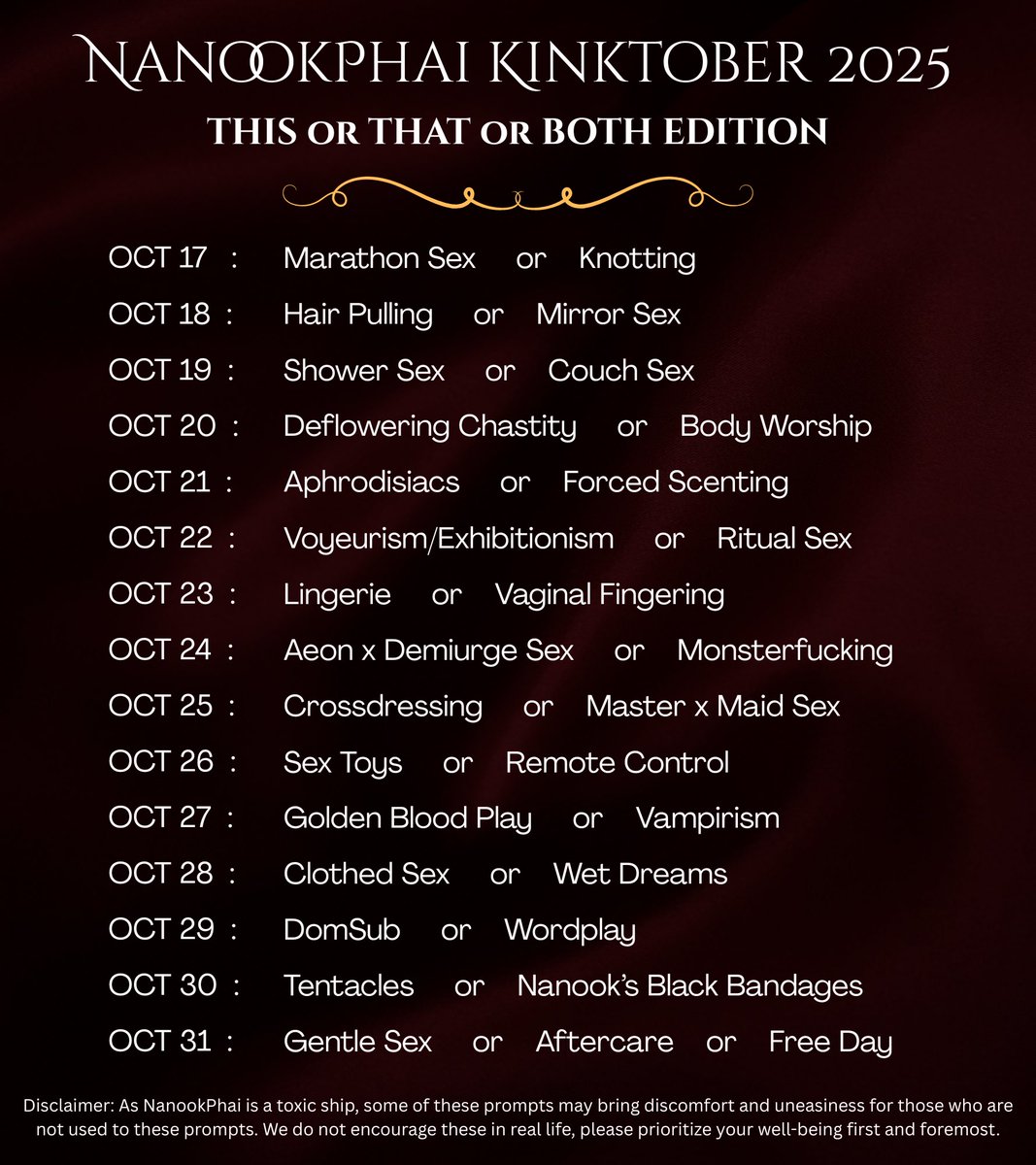 #NanookPhai enjoyers! Here are the prompt list for the Kinktober 2025 Month. For additional prompts, it’s in the replies 💛

It’s okay if you can’t participate! I made this in hopes to help inspire any Nanook x Phainon creators. Use the #NanookPhaiKinktober2025 tag to join!