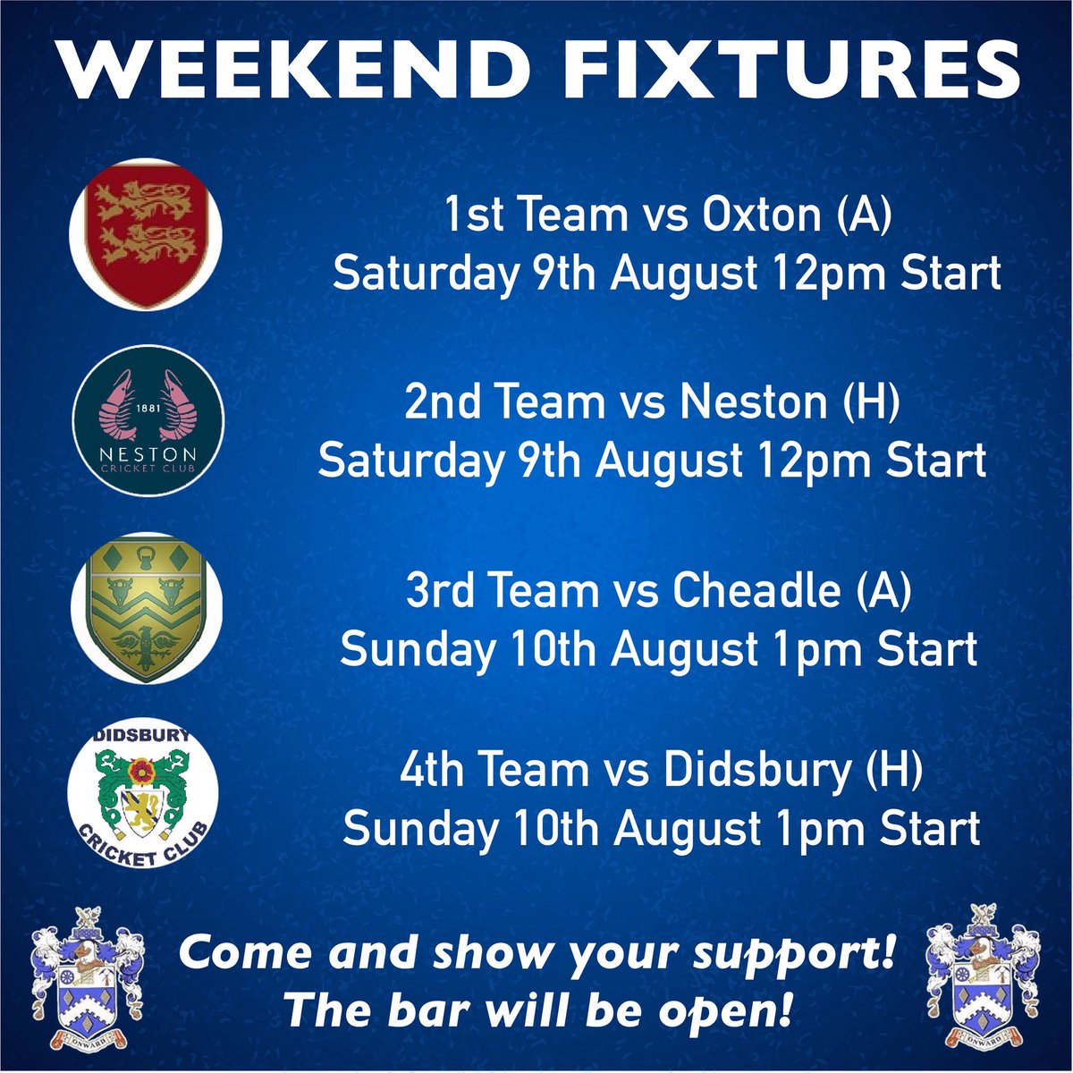 Hyde CSC🏏 (@hydecc_sc) on Twitter photo WEEKEND FIXTURES
The 1s are away to <a href="/OxtonCC/">Oxton Cricket Club</a>
The 2s are at home to <a href="/Neston_CC/">Neston Cricket Club</a>
The 3s are away to <a href="/CheadleCC/">Cheadle Cricket Club</a>
The 4s are at home to <a href="/DidsburyCC/">Didsbury CricketClub</a>
Good luck to all our teams 🏏 WEEKEND FIXTURES
The 1s are away to <a href="/OxtonCC/">Oxton Cricket Club</a>
The 2s are at home to <a href="/Neston_CC/">Neston Cricket Club</a>
The 3s are away to <a href="/CheadleCC/">Cheadle Cricket Club</a>
The 4s are at home to <a href="/DidsburyCC/">Didsbury CricketClub</a>
Good luck to all our teams 🏏