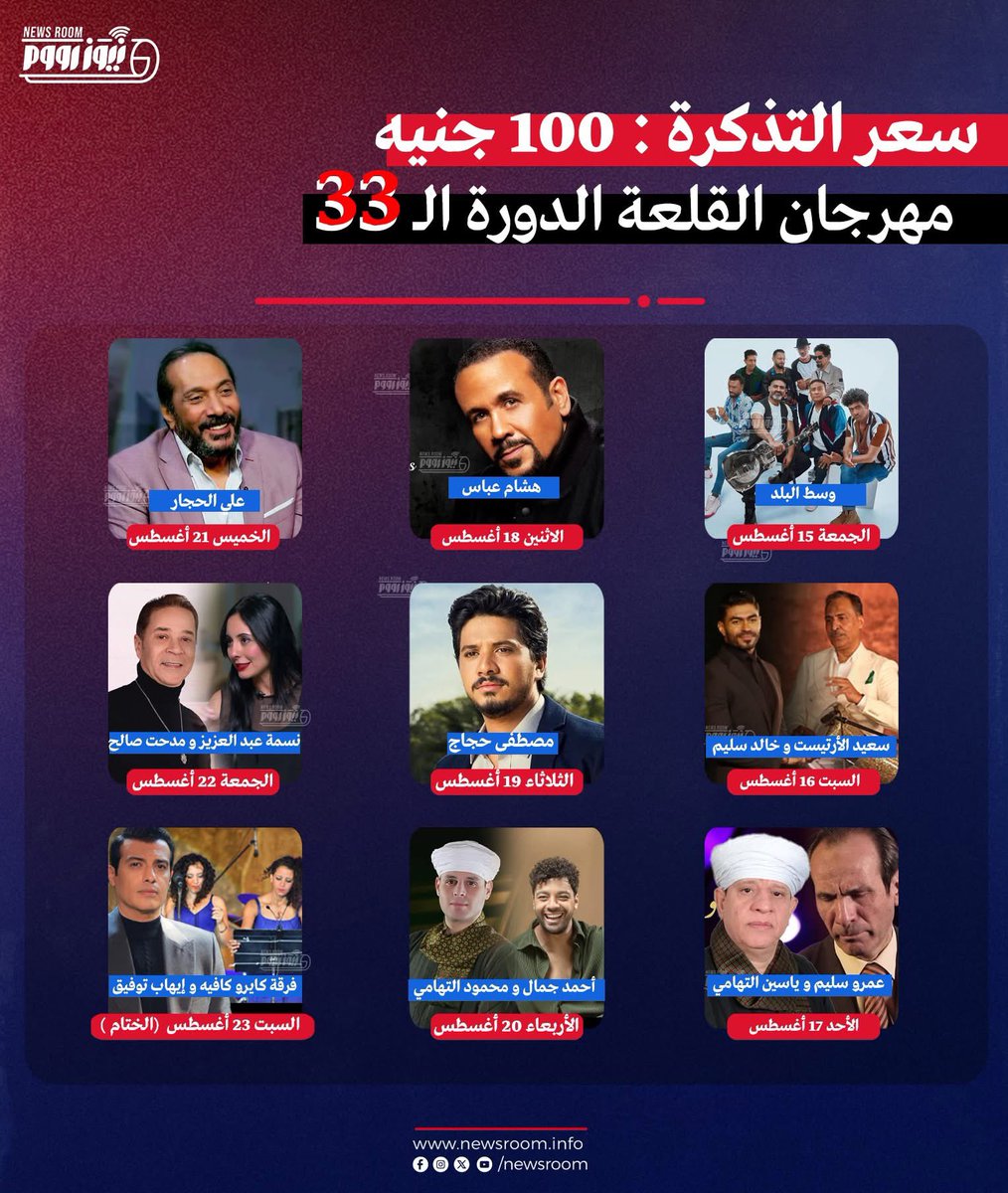 سعر التذكرة : 100 جنيه
#مهرجان_القلعة الدورة الـ 33