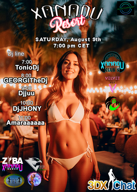This Saturday, August 9th – 7:00 pm CET
XANADU Resort 🌴✨
Where paradise turns into the hottest party in <a href="/3dxchat/">3DXChat</a> .
Music, heat &amp; desire… all night long. 🔥
#XanaduClub #3DXChat #VirtualParty
