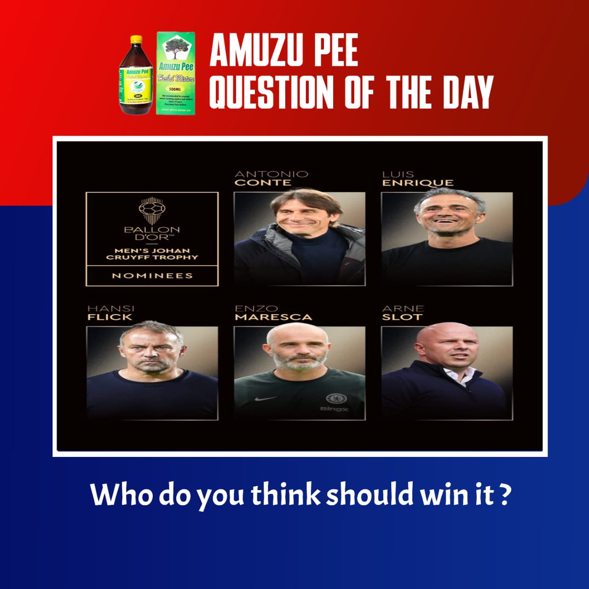 St. Peter (@newtonlartey) on Twitter photo ๐ข๐๐๐๐๐๐๐: The nominees for the Coach of the Year Trophy.
๐ช๐ธ Luis Enrique
๐ฎ๐น Antonio Conte
๐ฎ๐น Enzo Maresca
๐ฉ๐ช Hansi Flick
๐ณ๐ฑ Arne Slot
Who do you think should win it ?
Comment with #WontumiSports ๐ข๐๐๐๐๐๐๐: The nominees for the Coach of the Year Trophy.
๐ช๐ธ Luis Enrique
๐ฎ๐น Antonio Conte
๐ฎ๐น Enzo Maresca
๐ฉ๐ช Hansi Flick
๐ณ๐ฑ Arne Slot
Who do you think should win it ?
Comment with #WontumiSports