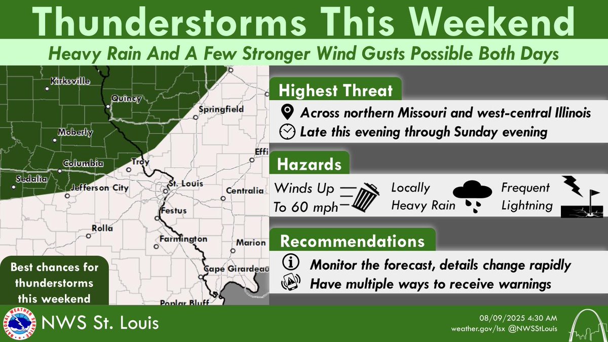 Multiple rounds of thunderstorms are possible (40 to 60%) through Monday morning, mostly north of I-70. Isolated flooding and damaging wind gusts will be possible.