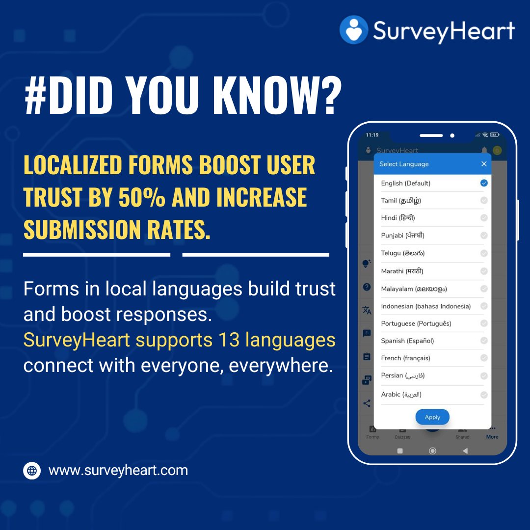 surveyheartapp's tweet image. Speak their language. Local words, global impact.
SurveyHeart supports 13 languages — boosting trust and response rates worldwide.
#GlobalSurveys #SurveyHeart #FormBuilder #LanguageMatters #ConnectBetter