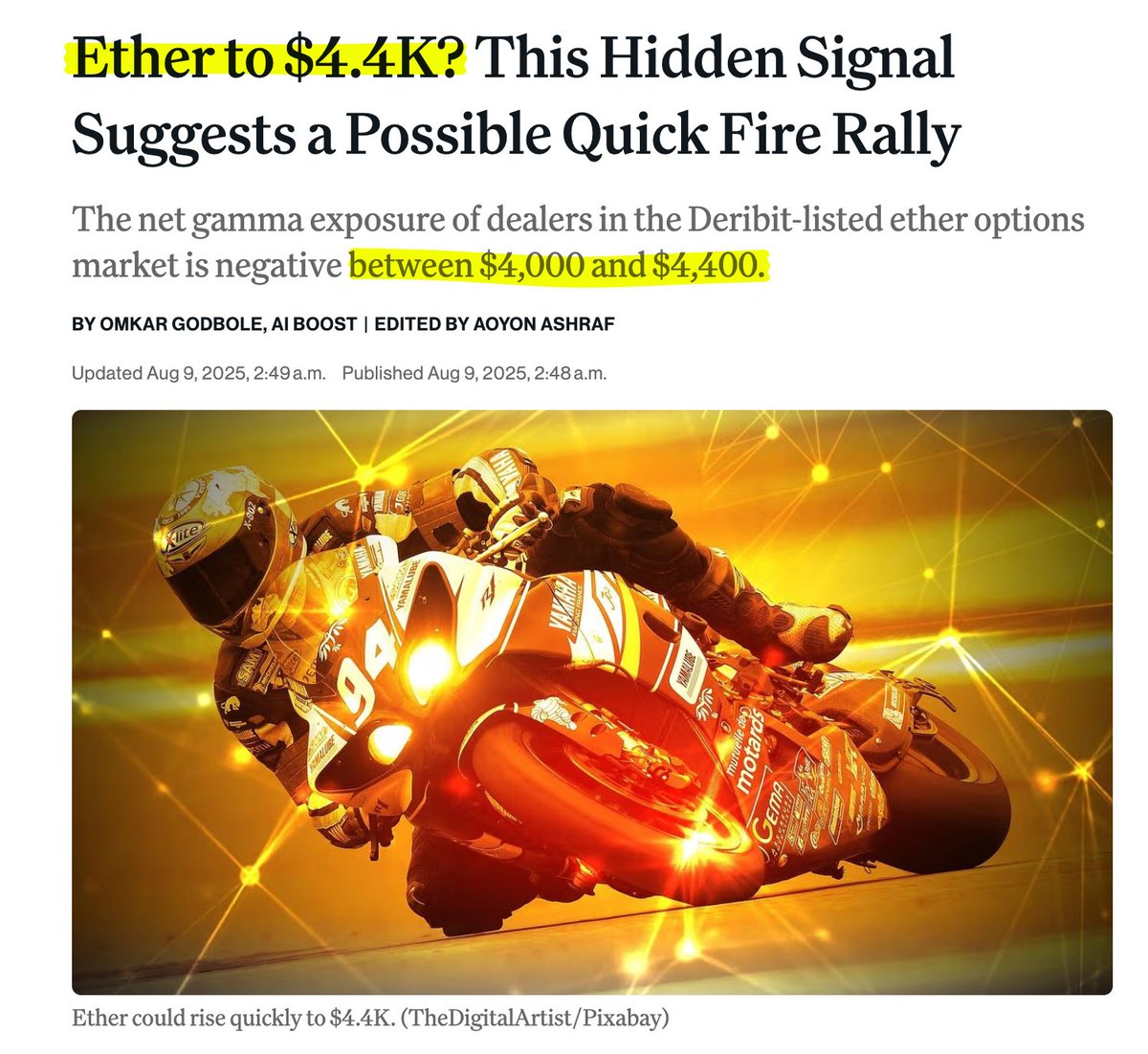 Deribit 数据：ETH 期权做市商净Gamma 在$4,000–$4,400 为负。 这意味着——价格越涨，他们被迫越买，容易推升至$4,400。  到$4,400 或转正Gamma，做市商才可能改为逢涨卖出、波动降温。 短期看，$4,400 是$