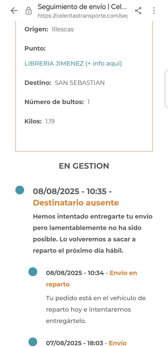 ociogabriel's tweet photo. @ATC_Celeritas Carga en camión a las 10.34. Destinatario ausente a las 10.35 (a un punto de recogida). No le ha dado tiempo ni a arrancar el camión, me lo explicáis?? https://t.co/mX8IIZHod3
