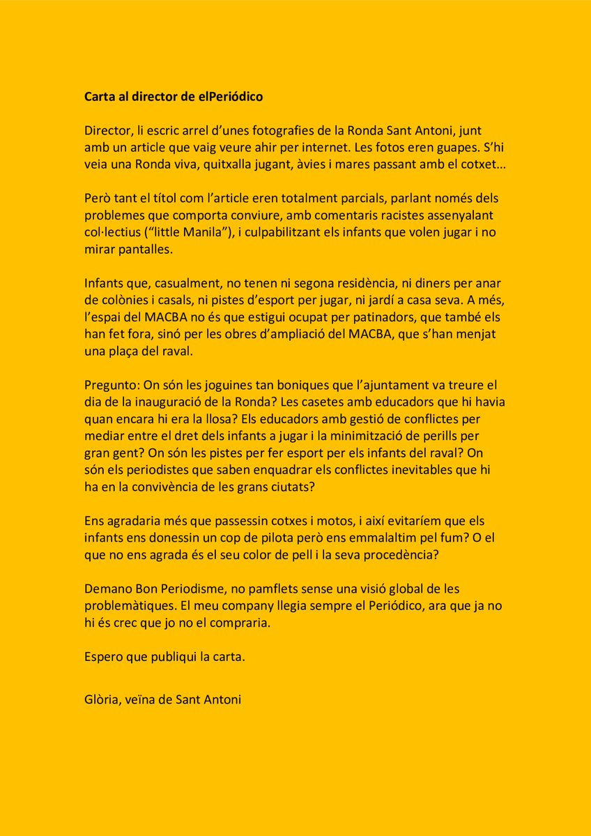 Fem Sant Antoni (@femsantantoni) on Twitter photo #FemBarri #SomBarriSolidari #SantAntoniVolConviure
Us fem a mans la carta al director de <a href="/elperiodico_cat/">El Periódico</a> que la nostra veïna Glòria li va enviar i que compartim totalment. #FemBarri #SomBarriSolidari #SantAntoniVolConviure
Us fem a mans la carta al director de <a href="/elperiodico_cat/">El Periódico</a> que la nostra veïna Glòria li va enviar i que compartim totalment.