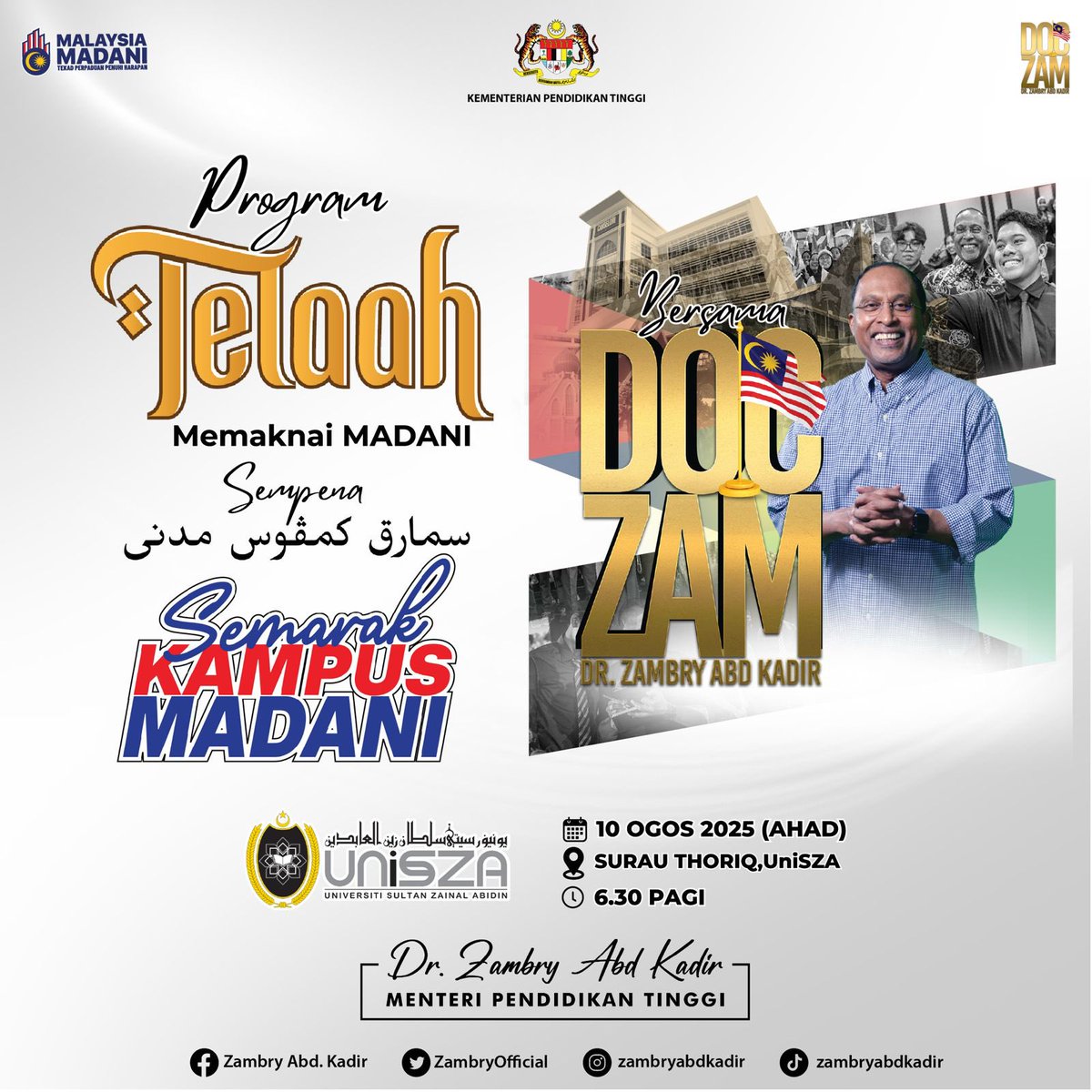 SEMARAK KAMPUS MADANI @ Universiti Sultan Zainal Abidin - FB Rasmi

Program Semarak Kampus MADANI diteruskan lagi. Kali ini saya akan bersama warga kampus UNISZA. Pelbagai program akan dilaksanakan dan saya bersama pengurusan Kementerian Pendidikan Tinggi akan bermalam di asrama