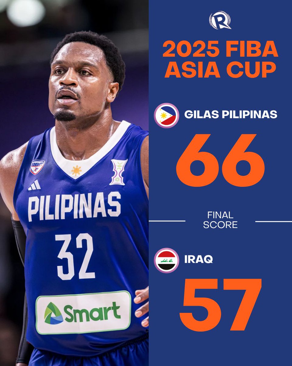 Rappler (@rapplerdotcom) on Twitter photo STILL ALIVE 🫡
Gilas Pilipinas advances to the knockout rounds of the FIBA Asia Cup after picking up its first win by way of a 66-57 victory over Iraq. 
Dwight Ramos leads the way with 21 points and 5 rebounds as the Philippines finishes with a 1-2 record in Group D. #AsiaCup STILL ALIVE 🫡
Gilas Pilipinas advances to the knockout rounds of the FIBA Asia Cup after picking up its first win by way of a 66-57 victory over Iraq. 
Dwight Ramos leads the way with 21 points and 5 rebounds as the Philippines finishes with a 1-2 record in Group D. #AsiaCup