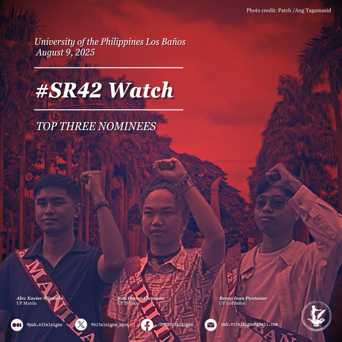 UPDATE: After deliberations amongst the various units, the four SR nominees have been narrowed down into three: UPD nominee Dex Clemente, UPM Nominee Alec Miranda, and UPLB Nominee Renzo Puntanar.

#GASC59
#SR42