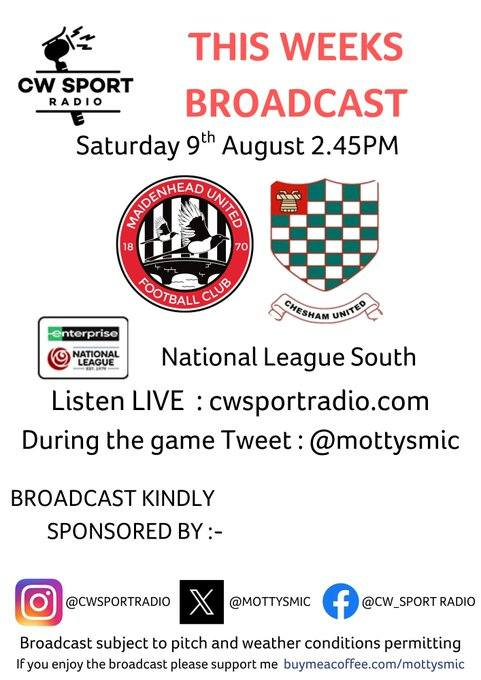 Christofer Walker (@mottysmic) on Twitter photo PLS RT MATCHDAY Calling Magpie fans. Be great to see a big crowd and atmos today for <a href="/MUFCYorkRoad/">Maidenhead United</a> vs
<a href="/cheshamutdfc/">Chesham United FC</a> but IYCMI you can listen in...
<a href="/MaidenheadAds/">MaidenheadAdvertiser</a> <a href="/BBCBerkshire/">BBC Berkshire</a> <a href="/RadioRoadhouse/">Radio Roadhouse UK</a>
<a href="/mufcyorkroadwfc/">Maidenhead United Women</a> PLS RT MATCHDAY Calling Magpie fans. Be great to see a big crowd and atmos today for <a href="/MUFCYorkRoad/">Maidenhead United</a> vs
<a href="/cheshamutdfc/">Chesham United FC</a> but IYCMI you can listen in...
<a href="/MaidenheadAds/">MaidenheadAdvertiser</a> <a href="/BBCBerkshire/">BBC Berkshire</a> <a href="/RadioRoadhouse/">Radio Roadhouse UK</a>
<a href="/mufcyorkroadwfc/">Maidenhead United Women</a>