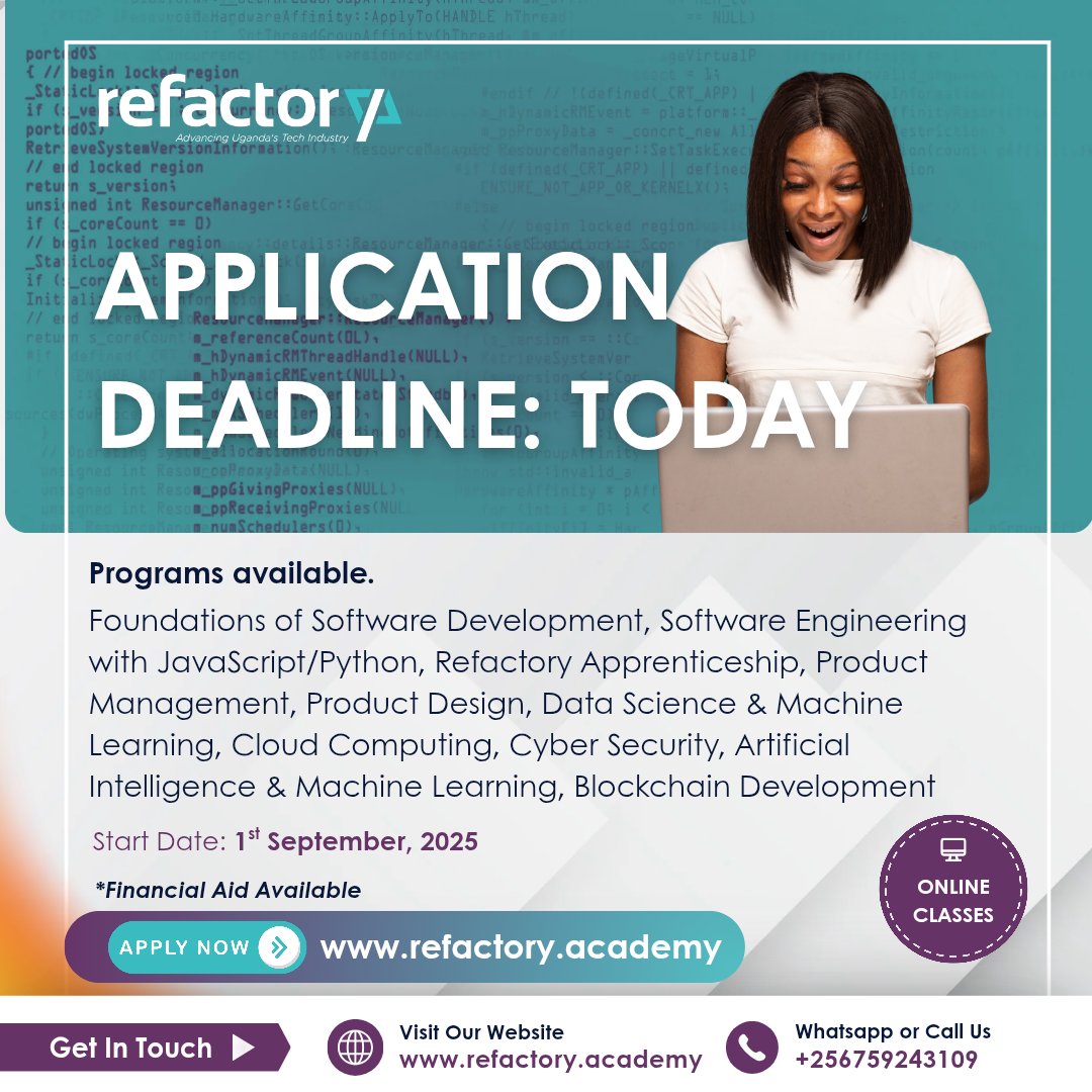 📢 Last call! Today's the FINAL day to apply for the 1st September cohort and level up your tech skills in Software Development, Data Science, AI and more! 

Don't miss your chance to build your future. Financial Aid available. Apply NOW! 👉🏿
refactory.academy