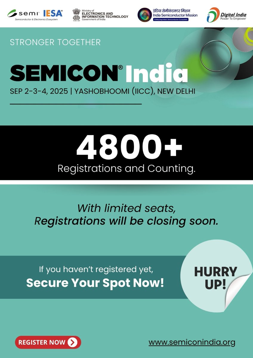Visitor registration for SEMICON India 2025 is going strong. With limited seats left, registrations will close soon, don’t miss out on unmatched #exhibitions, #conferences, #networking, and industry insights. Register now: portal.semiconindia.org/visitor/regist…