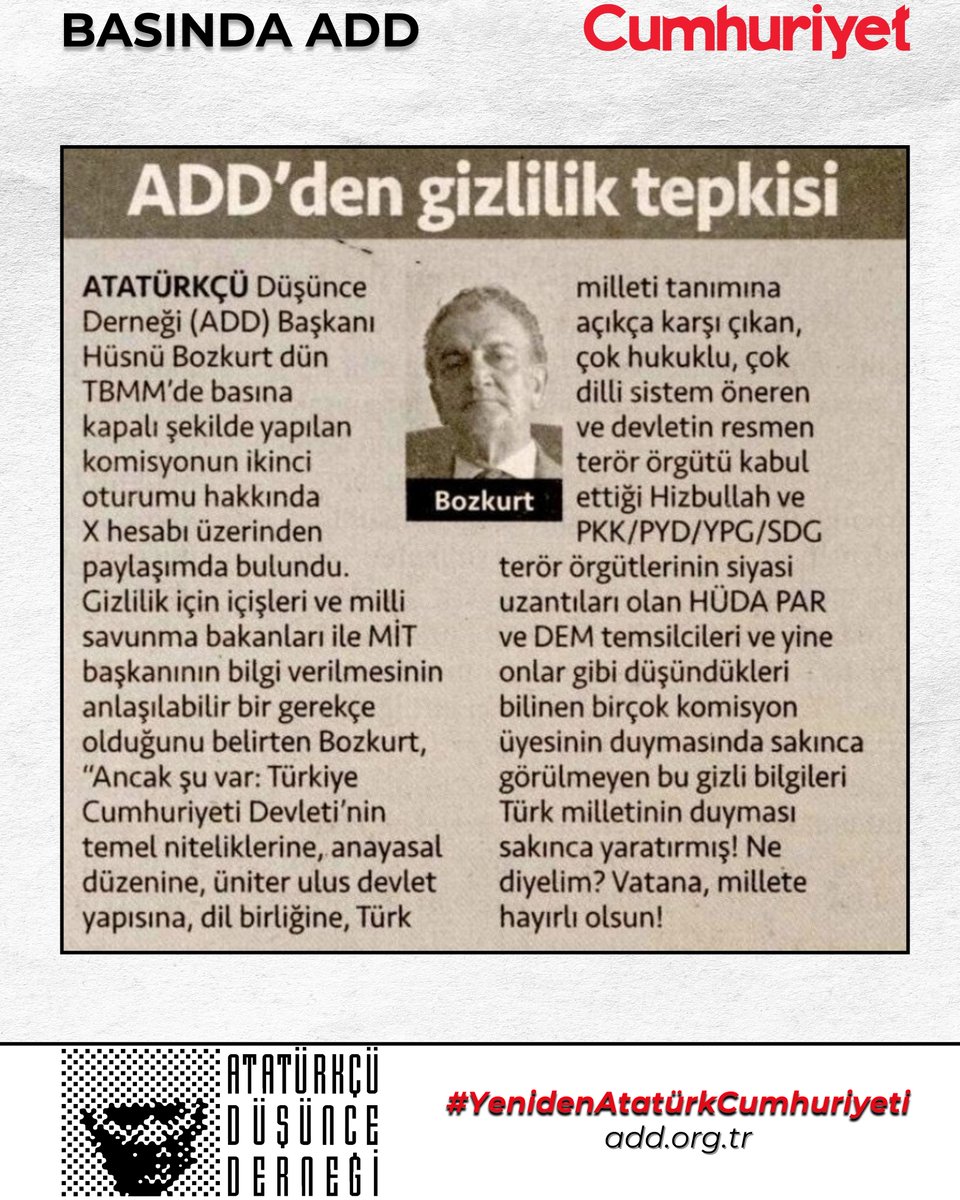 Genel Başkanımız Mustafa Hüsnü Bozkurt’un TBMM’deki komisyonun gizlilik kararıyla yapılan 2. oturumu hakkındaki demeci, Cumhuriyet gazetesinde.

“Türkiye Cumhuriyeti Devleti’nin temel niteliklerine, anayasal düzenine, üniter ulus devlet yapısına, dil birliğine, Türk milleti