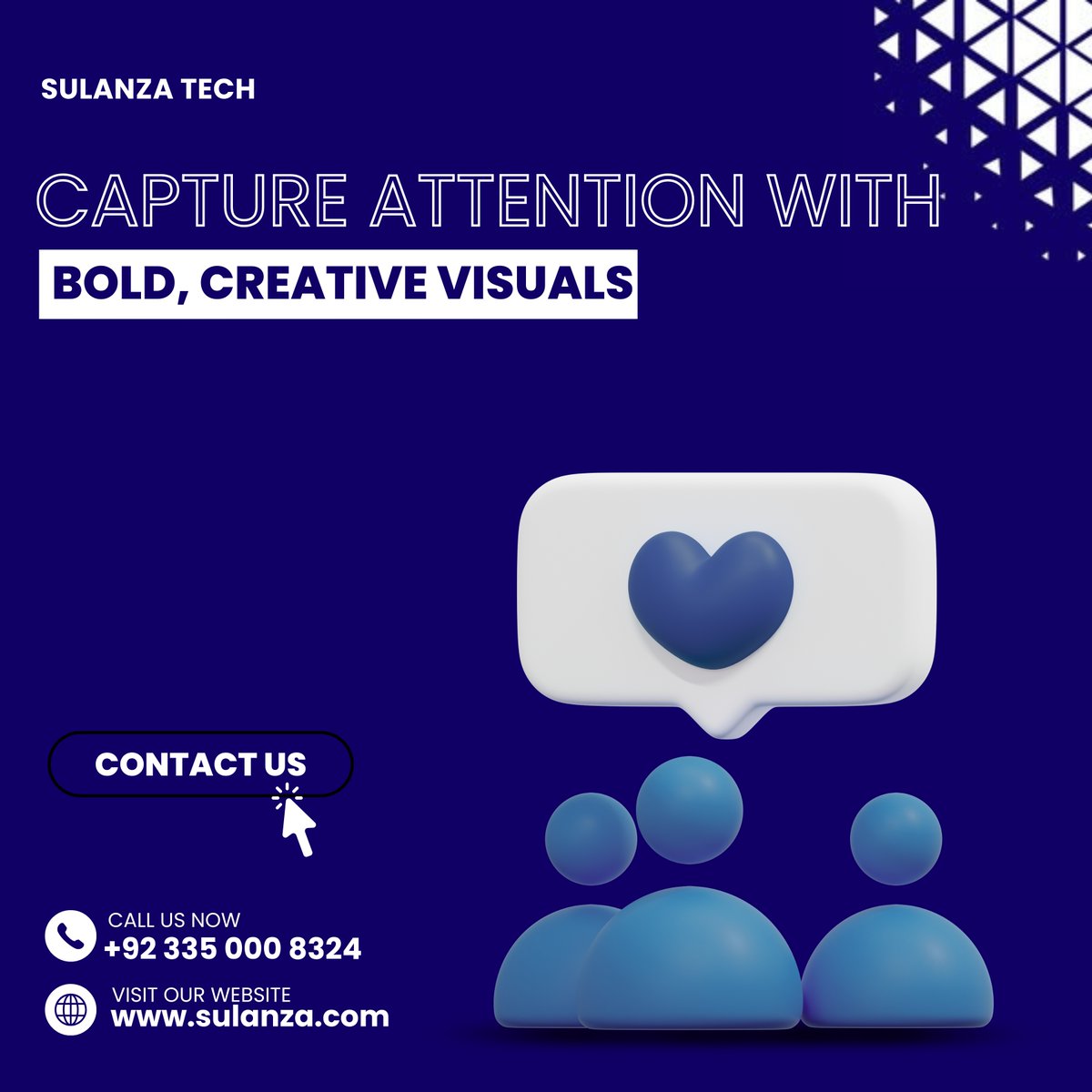 SulanzaTech's tweet image. Capture Attention With Bold Creative Visuals Stand out from the crowd with visuals that speak louder than words. At Sulanza Tech, we design bold, creative content that captures attention and builds engagement. Let&apos;s bring your brand to life. #SulanzaTech   #SocialMediaDesign