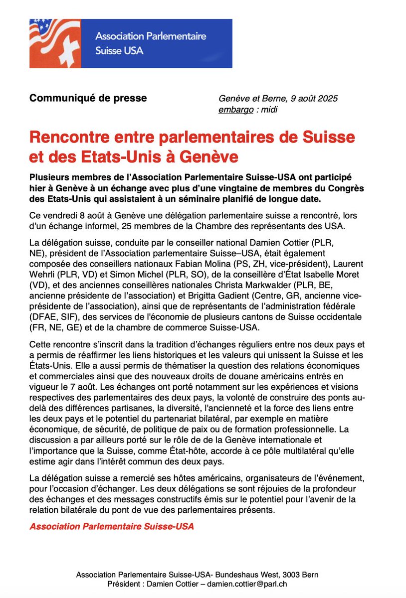 Hier des parlementaires suisses et des USA se sont rencontrés à Genève pour échanger sur la relation ancienne et  intense entre les deux pays. Puissent ces contacts constructifs et amicaux contribuer à écarter au + vite la grosse difficulté actuelle dans l'intérêt des deux pays⬇️