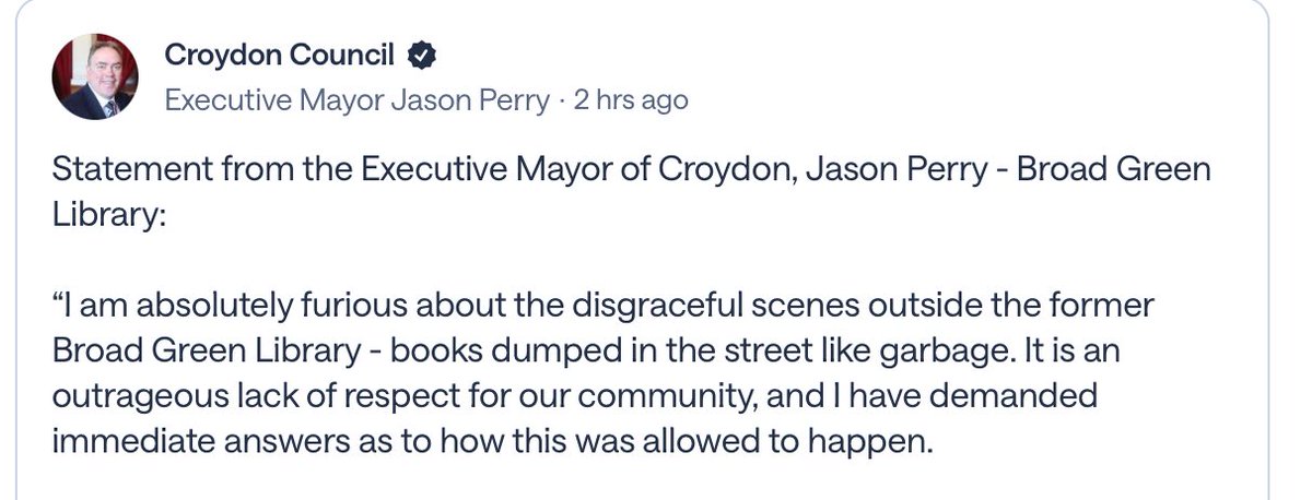 Appalling scenes at Broad Green library, closed against public wishes by Conservative Mayor Jason Perry. 

The result? A building squatted for months and books discarded on the streets like unwanted rubbish.

This is Perry’s vision for Croydon. 

It is time to put People First.
