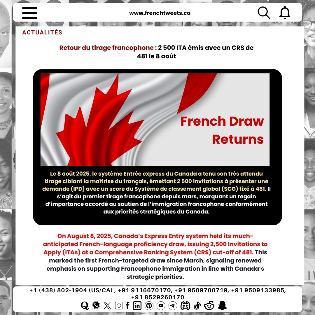 frenchtweets1's tweet image. 🇨🇦✨French draw is back! 2,500 hopefuls get their ITAs at CRS 481 on August 8 — could you be next?🚀
#expressentry #frenchdraw #canadaimmigration #itas #crs481 #immigrationnews #immigrationcanada #prcanada #frenchlanguage #frenchspeakers #immigrationupdate #francophoneimmigration