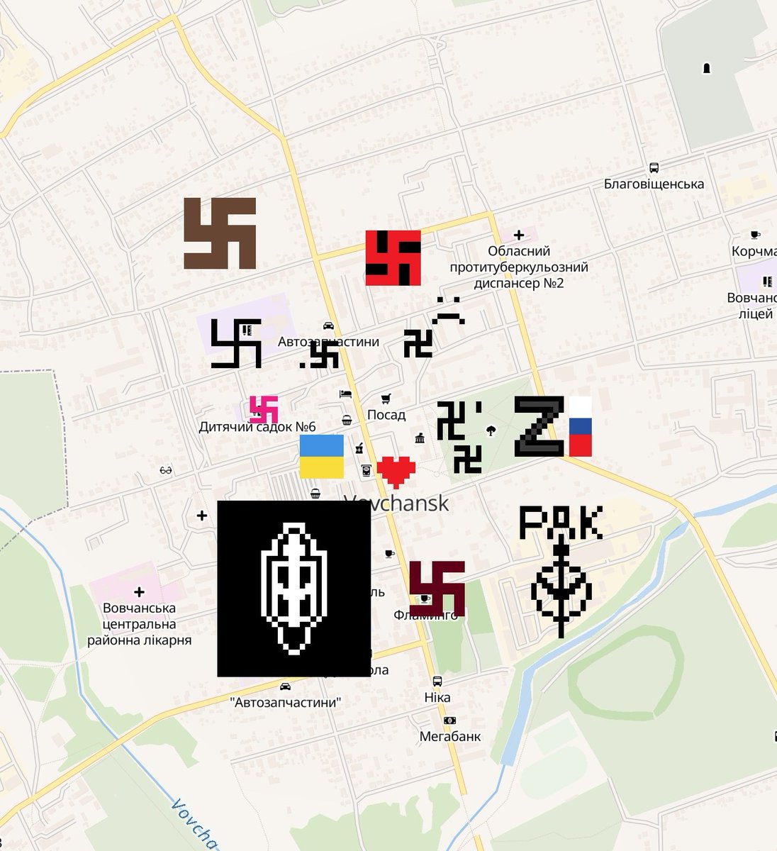 you have no idea how much hatred and anger i feel.

their parents destroy our homes and then their kids draw this on maps of ruined cities.
btw that heart i drew last night(this town is across the river from my grandpa's house, which is also a ruin), it was empty there