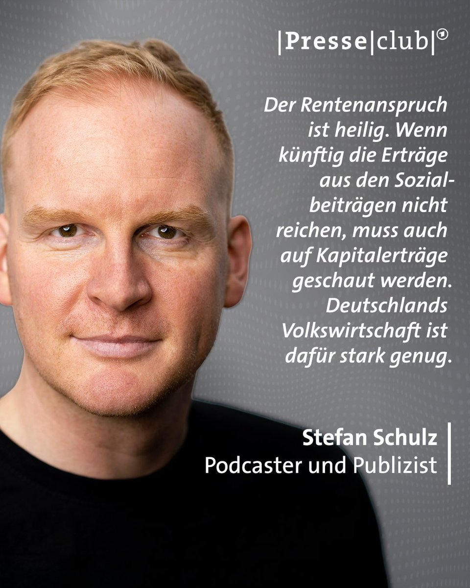 Presseclub (@ard_presseclub) on Twitter photo Die Bundesregierung sichert erneut das Rentenniveau. Doch wie entwickelt sich die Rente zukünftig, wenn immer weniger Junge immer mehr Alte finanzieren müssen? Dann müssten eben Kapitalerträge herangezogen werden, meint <a href="/friiyo/">Stefan Schulz 🪴</a>. Mehr dazu morgen im #Presseclub Die Bundesregierung sichert erneut das Rentenniveau. Doch wie entwickelt sich die Rente zukünftig, wenn immer weniger Junge immer mehr Alte finanzieren müssen? Dann müssten eben Kapitalerträge herangezogen werden, meint <a href="/friiyo/">Stefan Schulz 🪴</a>. Mehr dazu morgen im #Presseclub