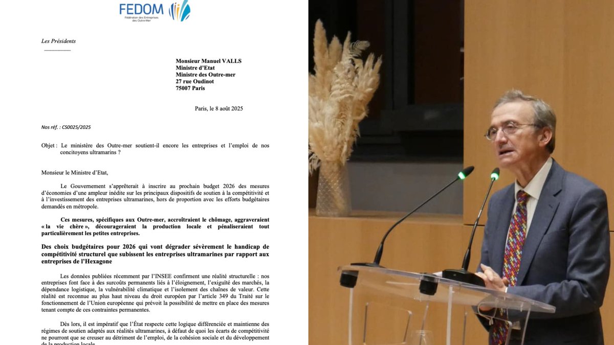 #Budget2026 : <a href="/LA_FEDOM/">Fédération des Entreprises des Outre-Mer (FEDOM)</a>  et les organisations socioprofessionnelles ultramarines s'insurgent contre les coupes budgétaires prévues par le #Gouvernement

➡️tinyurl.com/bdczankn

➡️ Dans un courrier adressé au ministre des #Outremer, Manuel Valls et au Premier ministre François