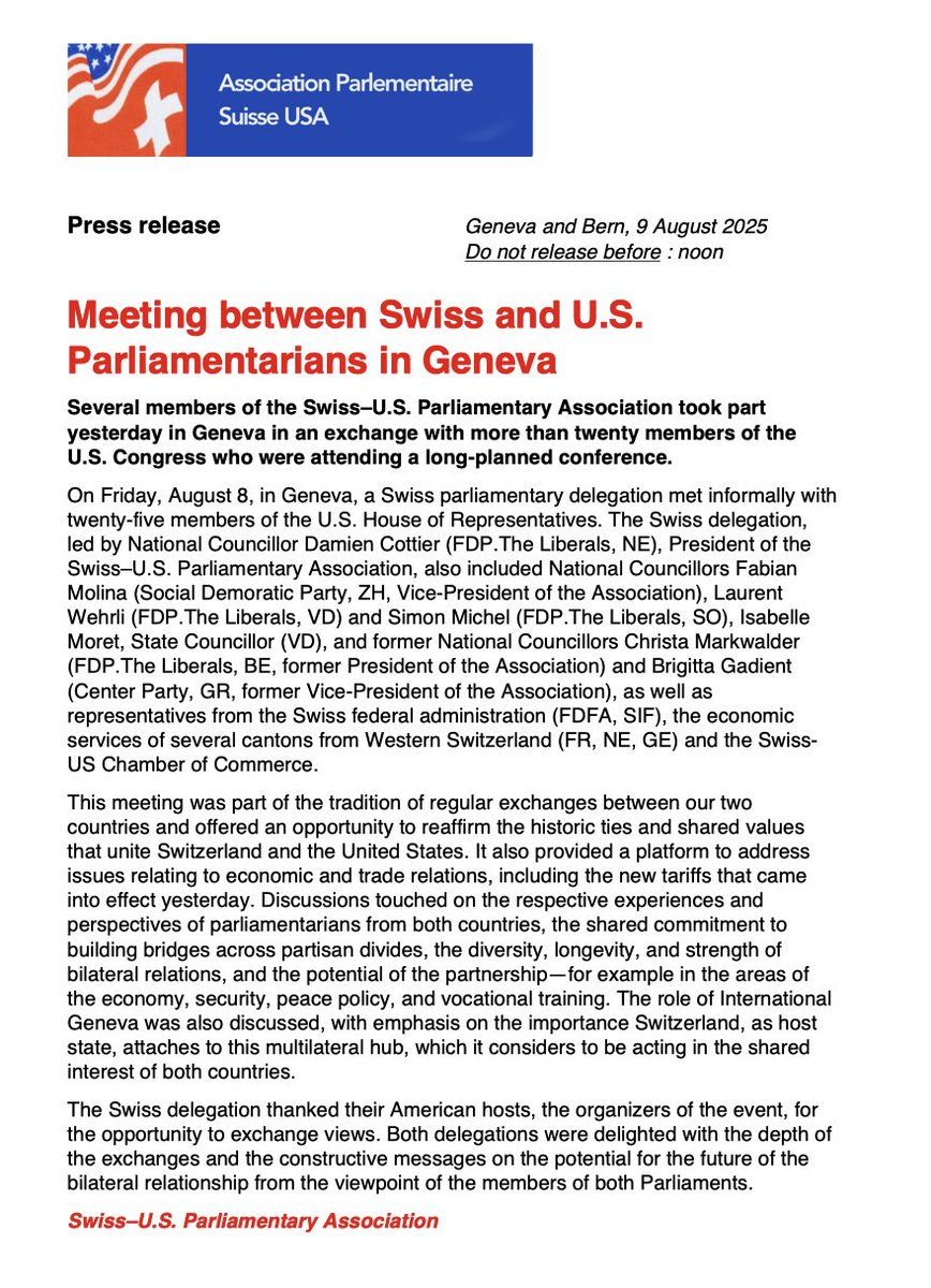 Yesterday, Swiss &amp; US parliamentarians met in Geneva to exchange views on the long-standing and intense relationship 🇨🇭 - 🇺🇸 May these constructive and friendly contacts help to resolve the current major difficulty on tariffs as soon as possible, in the interests of both sides ⬇️