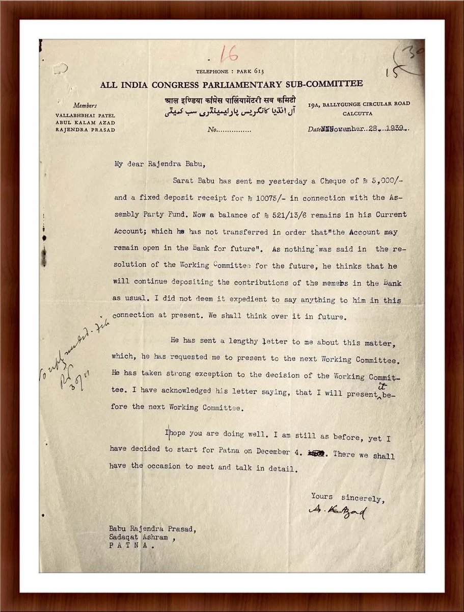 A letter from Maulana Abul Kalam Azad to Dr. Rajendra Prasad, dated 28th November 1939, Calcutta, regarding the cheque sent by Sarat Babu in connection with the All India Congress Parliamentary Sub-Committee’s fund.

#MaulanaAbulKalamAzad #DrRajendraPrasad