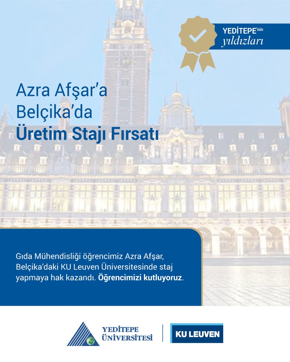 Gıda Mühendisliği öğrencimiz Azra Afşar, Belçika’daki KU Leuven Üniversitesinde staj yapmaya hak kazandı.

Gıda üretiminde kullanılan temizlik, arıtma ve dolum gibi işlemler üzerine uygulamalı eğitim alacağı bu programda, öğrencimiz üretim süreçleri konusundaki becerilerini