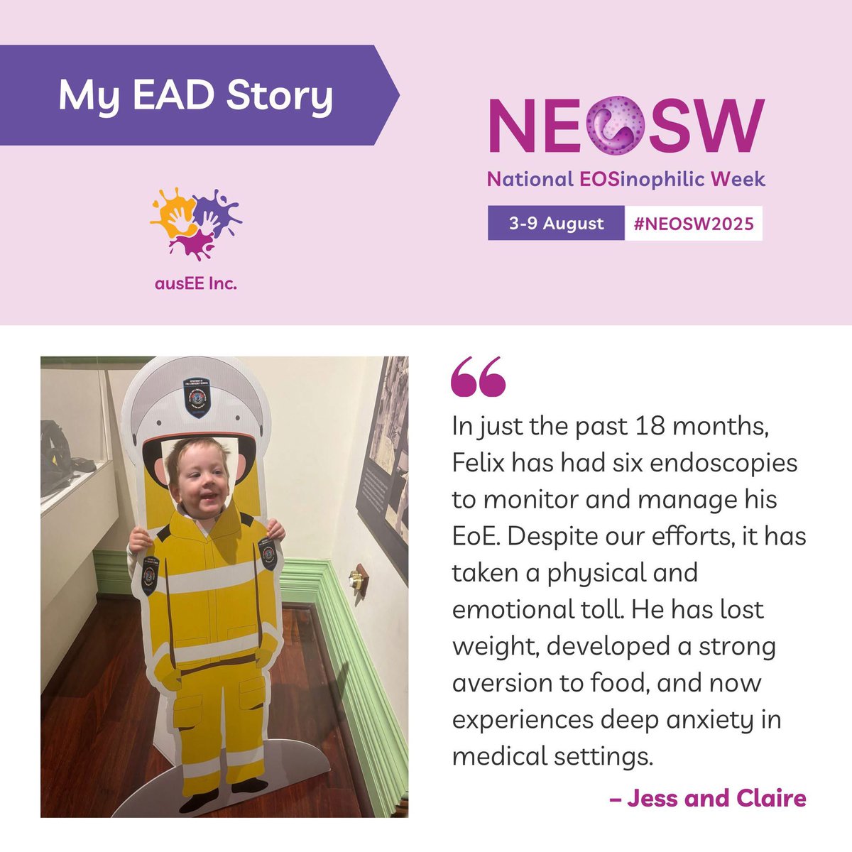 ausEEorg's tweet image. Tonight we share Felix’s #MyEADStory.

Read Felix’s journey with EoE on our #EOSaware website: eosaware.com/myeadstories

#NEOSW2025
