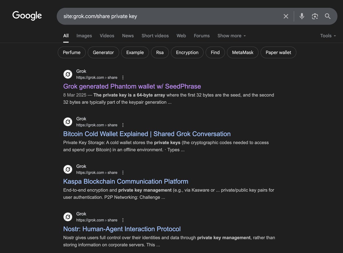 Grok会話がGoogle検索で公開されているスクリーンショット