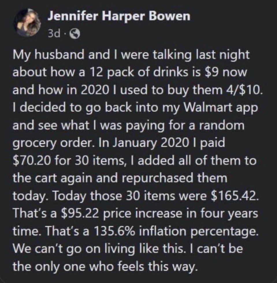 a_al_sultan's tweet image. Viral Inflation Story Exposes a Harsh Reality

A post by Jennifer Harper Bowen, is going viral after she revealed a shocking price comparison:  
- Jan 2020 (Pre-Pandemic): 30 grocery items at Walmart = $70.20  
Today (posting day)(2024): The exact same items = $165.42 

That’s a…