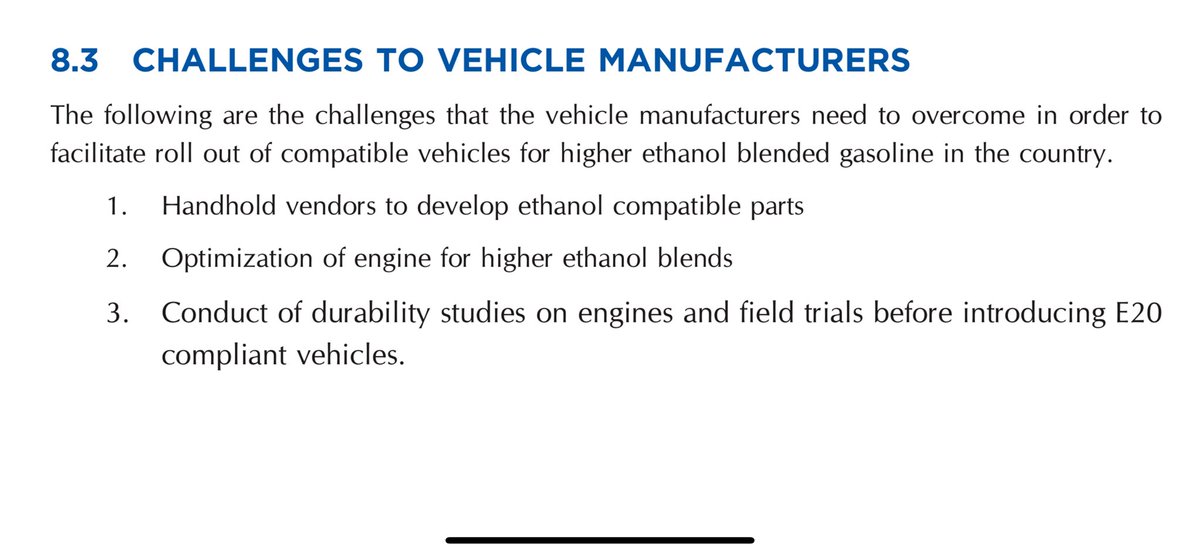 Following are paragraphs from a Niti Ayog document on E20 Ethanol Petrol blending roadmap. It lists out clear challenges to vehicle manufacturers. Above all, it suggests reducing Petrol prices for E 20 Petrol. Guess that never happened.

niti.gov.in/sites/default/…