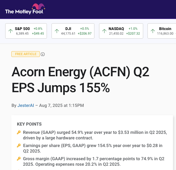 CatalystIR's tweet image. via @themotleyfool
Remote generator monitoring provider Acorn $ACFN Q2 EPS Jumps 155% on 54.9% rise in Revenue
fool.com/data-news/2025… #IoT #internetofthings