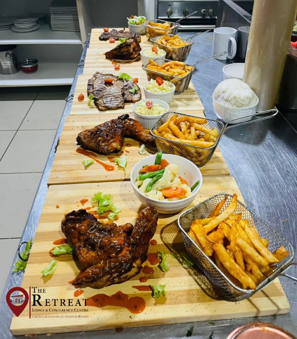 powerfmzimbabwe's tweet image. Savour the flavour! Indulge in our chef-prepared grilled delights at The Retreat (Lodge & Conference Centre). Grilled Chicken Cotta, marinated to perfection with a hint of lemon & herbs, Tender Grilled T-Bone, cooked to your liking, Freshly baked chips, crispy & golden. Come for…
