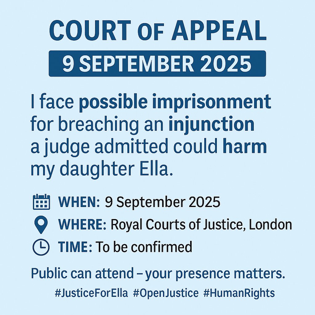 Luba Macpherson (@lubamacpherson) on Twitter photo 🚨 Upcoming Court of Appeal Hearing – 9 September 2025 🚨
On 9 September, I will be in the Court of Appeal (case CA-2025-001185) defending myself in a committal hearing — where I face possible imprisonment for allegedly breaching an injunction that even the judge admitted could 🚨 Upcoming Court of Appeal Hearing – 9 September 2025 🚨
On 9 September, I will be in the Court of Appeal (case CA-2025-001185) defending myself in a committal hearing — where I face possible imprisonment for allegedly breaching an injunction that even the judge admitted could