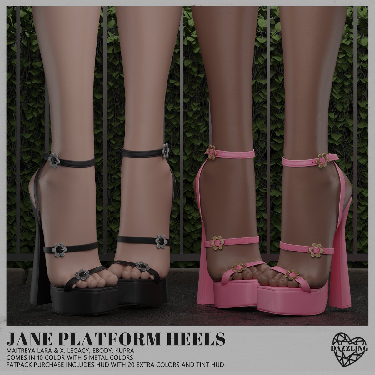 Jane platform heels available for Equal10. comes in 10 color with 5 metal color option also fatpack purchase includes hud with 20 extra color and a tint hud. Rigged for the Lara &amp; x, Legacy, Ebody, Kupra !
maps.secondlife.com/secondlife/equ…