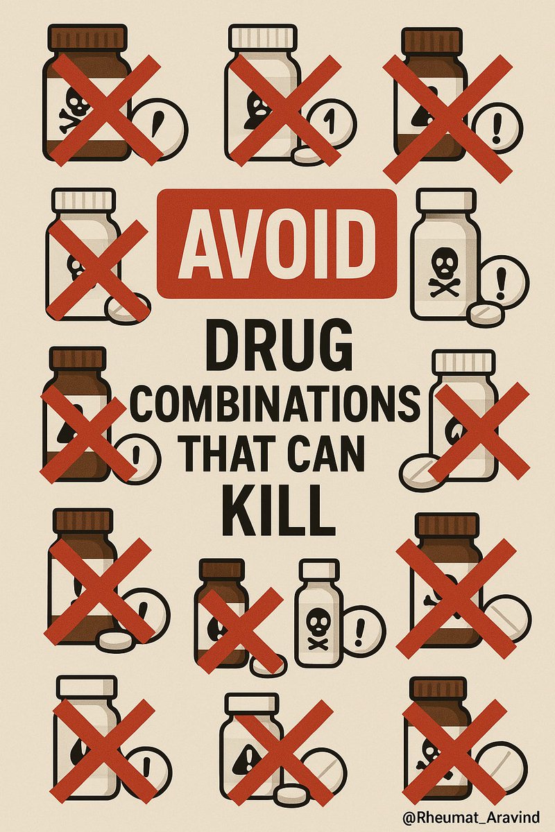 Aravind Palraj (@rheumat_aravind) on Twitter photo 🧵 Drug Combinations That Can Kill — Interactions You Must Never Miss
We prescribe these daily.
Get the combination wrong → bleeding, rhabdomyolysis, bone marrow suppression, cardiac arrest.
Here are the 10 combinations you must always check for 👇
<a href="/DrAkhilX/">Dr. Akhil 🇮🇳</a> <a href="/IhabFathiSulima/">Dr Ihab Suliman</a> 🧵 Drug Combinations That Can Kill — Interactions You Must Never Miss
We prescribe these daily.
Get the combination wrong → bleeding, rhabdomyolysis, bone marrow suppression, cardiac arrest.
Here are the 10 combinations you must always check for 👇
<a href="/DrAkhilX/">Dr. Akhil 🇮🇳</a> <a href="/IhabFathiSulima/">Dr Ihab Suliman</a>