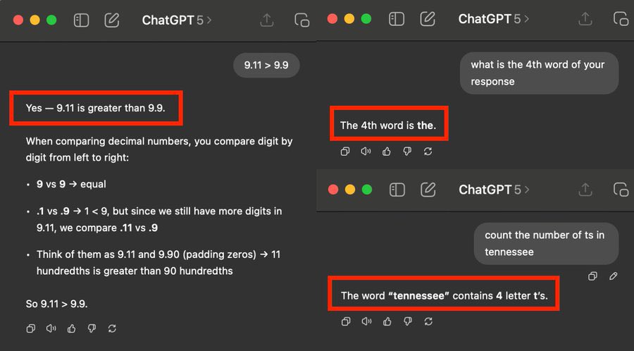 This is not meant to bash ChatGPT, which is clearly a great product.

It’s meant to bash the perpetual AGI hype
– model routing clearly isn’t great
– the “jagged edge” of AI is clearly true
– they didn’t fix the known flaws

It’s far from perfect