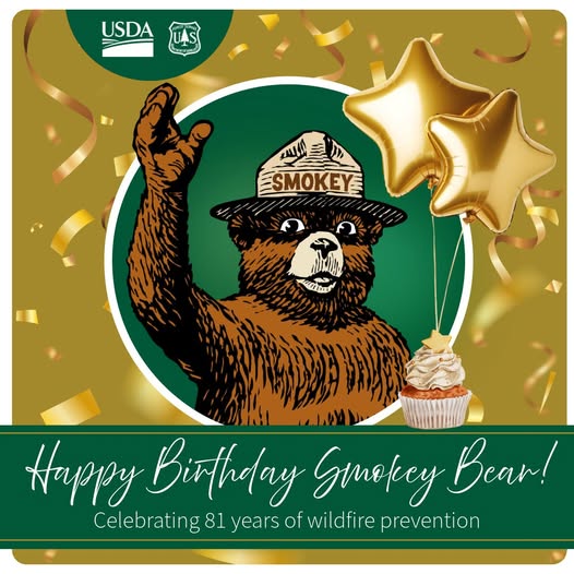 Smokey Bear turns 81 today! For more than eight decades, he’s reminded us that only you can prevent wildfires. Celebrate Smokey’s legacy by practicing fire safety and sharing his message with the next generation. Happy birthday, Smokey! smokeybear.com